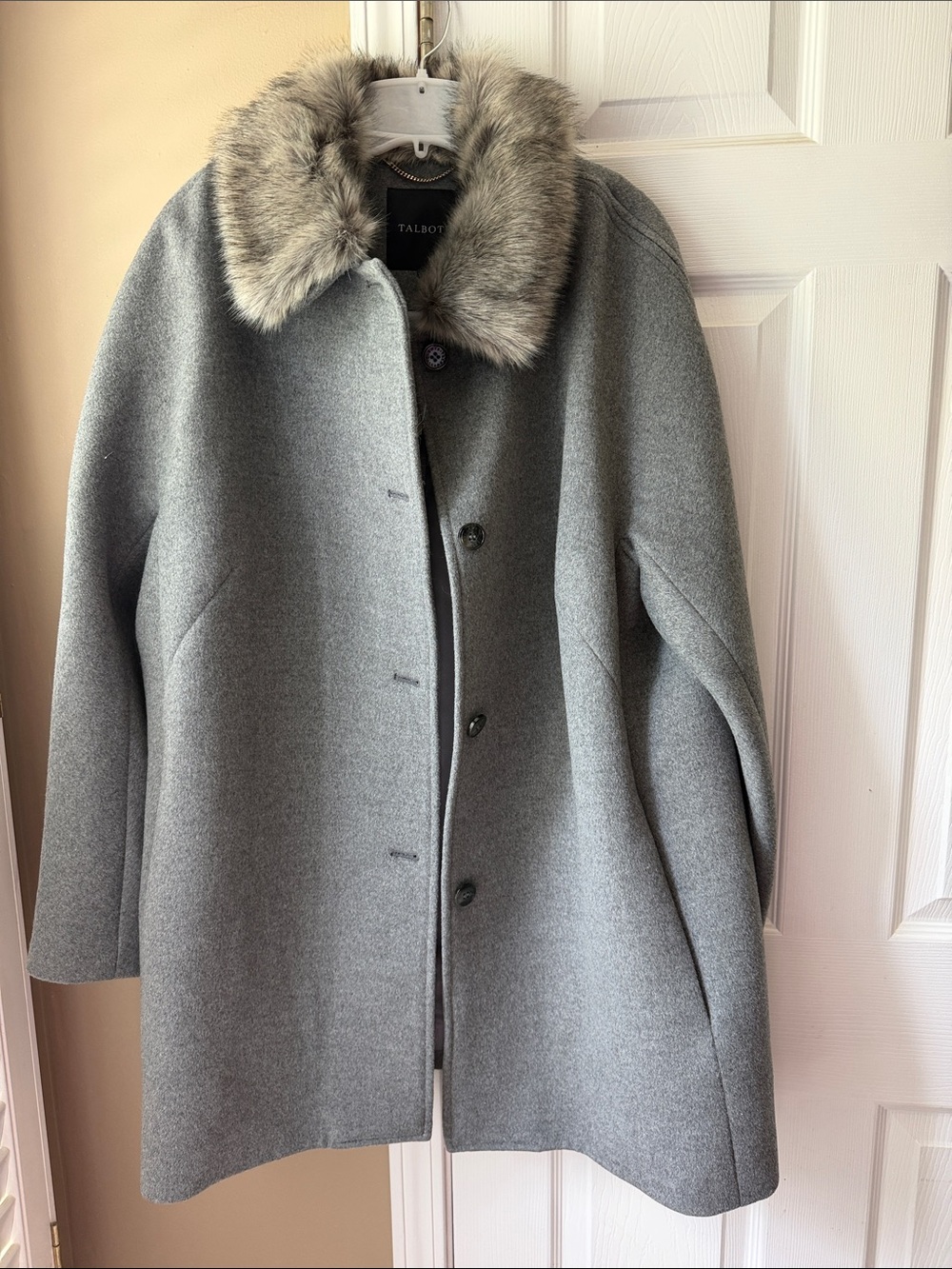 Talbots Gray Wool Pea Coat with Faux Fur Collar